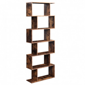 Bibliotecă înaltă cu 6 niveluri, design geometric tip S, Maro Rustic, 70 × 24 × 190,5 cm