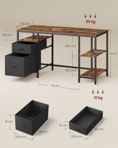 Birou pentru calculator cu 3 rafturi și 2 sertare, montaj reversibil, Maro Vintage/Negru, 140 × 60 × 76 cm - Img 3