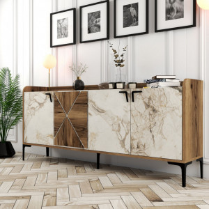Comoda Model Venedik, Nuc/Alb marmorat, 180x35x78 cm - Img 2