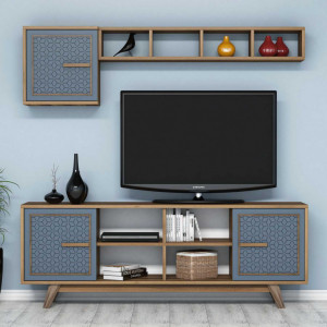 Comoda TV Ayla - Walnut, Blue - Img 1