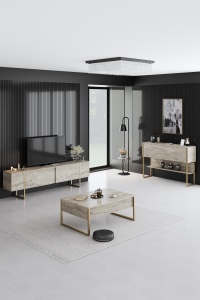 Comoda TV Model Luxe, Travertin/Auriu - Img 2