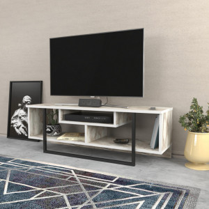 Comoda TV Salvador, Model Asal, 120x40.2x35.2 cm, Alb marmorat/Negru - Img 2
