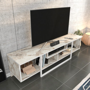Comoda TV Salvador, Model Asal, 150x40x35.2 cm, Alb/Alb marmorat - Img 4