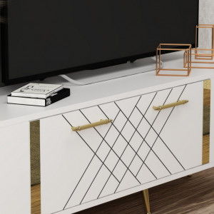 Comoda TV Salvador, Model Detas, 150x48.2x35 cm, Alb/Auriu - Img 3