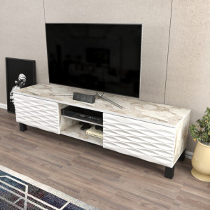 Comoda TV Salvador, Model Linda, 150x40.3x35 cm, Alb marmorat/Alb - Img 3