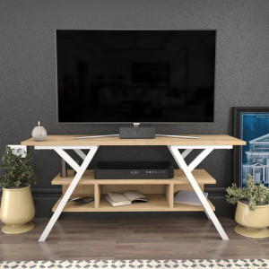 Comoda TV Salvador, Model Minerva, 120x55x35 cm, Alb/Stejar - Img 1