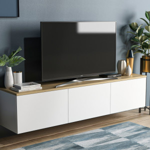Comoda TV Salvador, Model Neon, 160x35x32 cm, Alb/Stejar - Img 6