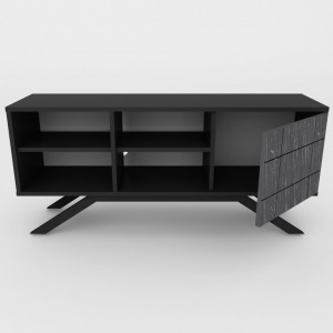 Comoda TV Salvador, Model North, 130x58.6x38.6 cm, Negru/Negru marmorat - Img 6