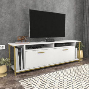 Comoda TV Salvador, Model Omar, 160x50.8x35 cm, Alb/Auriu - Img 2