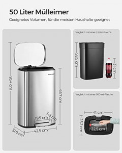 Cos de gunoi, Songmics, Argintiu-Negru, 42.5x37.2x65.7 cm - Img 7