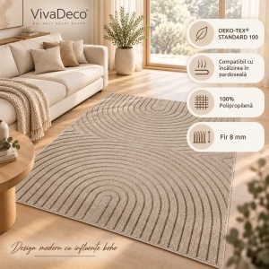 Covor Rotund VivaDeco Art V2, D160 cm, Bej, 100% Polipropilena, Fir 8 mm, 1900 g/mp, OEKO-TEX Standard 100 - Img 4