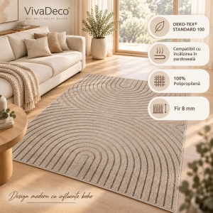 Covor VivaDeco Art V2, 120 x 170 cm, Bej, 100% Polipropilena, Fir 8 mm, 1900 g/mp, OEKO-TEX Standard 100 - Img 5