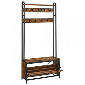 Cuier cu bancuta si suport pantofi Model Cervantes, Maro Rustic/Negru, 85x30x180 cm - Img 2