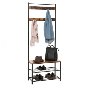 Cuier cu bancuta si suport pantofi Model Wu, Maro Rustic/Negru, 70x32.5x175 cm - Img 5