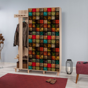 Cuier hol cu dulap Model GARMANTO, Stejar sonoma/Multicolor, 135x36x194 cm - Img 1