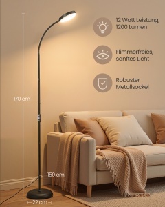 Lampadar LED reglabil pe înălțime, cu braț flexibil 360°, telecomandă, 3 temperaturi de culoare și 10 niveluri de luminozitate, Negru mat, 22 × 22 × 170 cm - Img 2