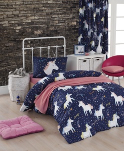 Lenjerie de pat 1 Persoana Model Magic Unicorn Dark Blue