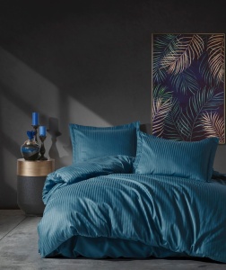 Lenjerie de pat dublu, Bumbac 100% Satinat Model Stripe Blue