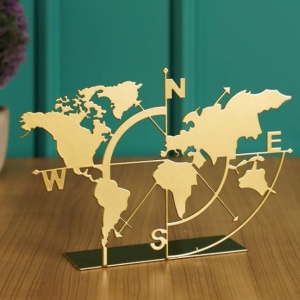 Obiect decorativ, busola, harta lumii World Auriu 18x26x5 cm - Img 1