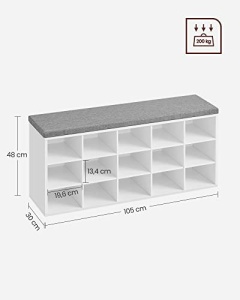 Pantofar bancuta hol cufar cu depozitare, Vasagle, Alb-Gri, 105x30x48 cm - Img 5