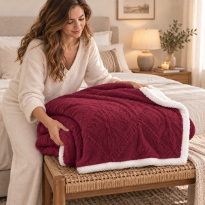 Pătură Cocolino cu blăniță Sherpa, model Romb Floral Embosat, Grena, 200 × 230 cm