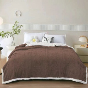 Pătură Cocolino cu blăniță Sherpa, model Tricot Embosat, Maro, 200 × 230 cm