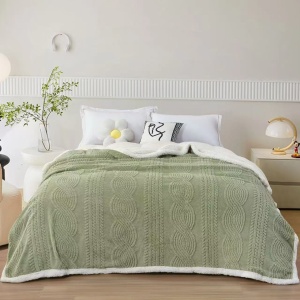 Pătură Cocolino cu blăniță Sherpa, model Tricot Embosat, Verde Deschis, 200 × 230 cm