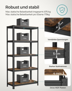 Raft de depozitare Heavy Duty cu 5 polițe reglabile, capacitate 875 kg, Maro Rustic/Negru, 90 × 40 × 180 cm - Img 3