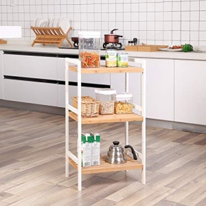 Raft multifuncțional din bambus cu 3 polițe reglabile, Alb/Natur, 45 × 31,5 × 80 cm - Img 3