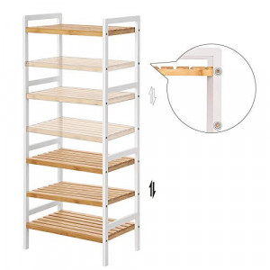 Raft multifuncțional din bambus cu 4 polițe reglabile, Alb/Natur, 45 × 31,5 × 110 cm - Img 5