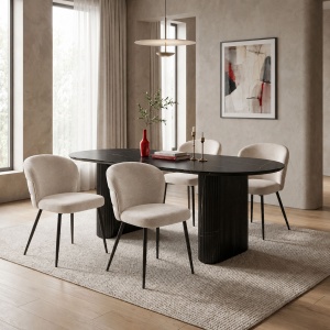 Scaun dining Mercy, tapițat cu material textil, Bej/Negru, 57 × 60,5 × 79 cm