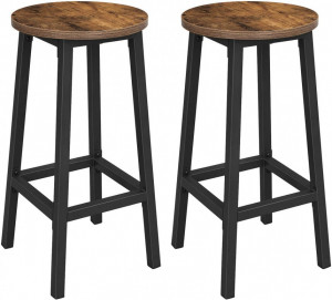 Set 2 scaune de bar cu șezut rotund, suport pentru picioare, stil industrial, Maro Rustic/Negru, Ø32 × 65 cm