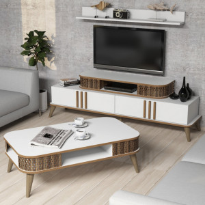 Set Comoda TV si Masuta de Cafea Model Schroeder, 105x60x34.6 cm, Alb - Img 2