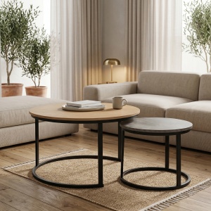 Set de 2 măsuțe de cafea Solme I, Stejar/Gri antichizat/Negru, 80 x 80 x 45 cm și 50 x 50 x 38 cm