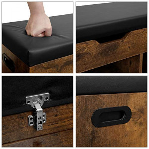 Bancă pantofar cu șezut tapițat, 3 compartimente și spațiu de depozitare ascuns, Maro Rustic/Negru, 80 × 30 × 44 cm - Img 4