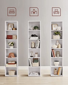 Bibliotecă înaltă cu 6 compartimente și 4 polițe reglabile, Alb, 40 × 24 × 178,5 cm - Img 3