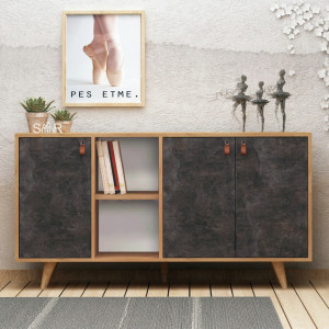 Comoda Model Planky, Stejar/Gri, 140x40x86 cm - Img 1