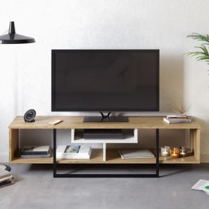Comoda TV Salvador, Model Asal, 149.4x40.2x35.2 cm, Stejar/Alb/Negru - Img 2