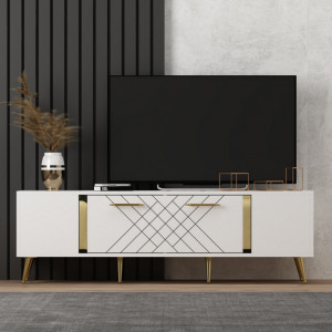 Comoda TV Salvador, Model Detas, 150x48.2x35 cm, Alb/Auriu - Img 1