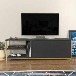 Comoda TV Salvador, Model Primrose, 160x50.8x35.3 cm, Antracit/Auriu - Img 1