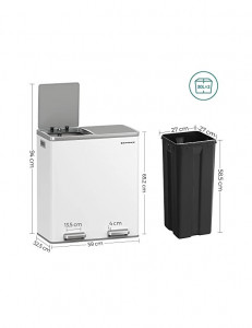 Cos pentru recilare dublu, Songmics, 2 x 30L, Alb, LTB60WT, 59 x 32 x 65 cm - Img 4
