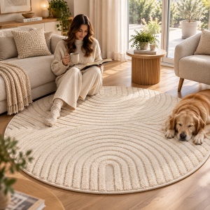 Covor Rotund VivaDeco Art V2, D200 cm, Crem, 100% Polipropilena, Fir 8 mm, 1900 g/mp, OEKO-TEX Standard 100 - Img 4
