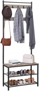 Cuier cu bancuta si suport pantofi Model Spears, Bej/Negru, 70x32.5x175 cm - Img 2