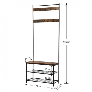 Cuier cu bancuta si suport pantofi Model Wu, Maro Rustic/Negru, 70x32.5x175 cm - Img 6