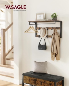 Cuier de perete cu raft, bară pentru umerașe și 10 cârlige detașabile, Maro Rustic/Negru, 80 × 30 × 42 cm - Img 2