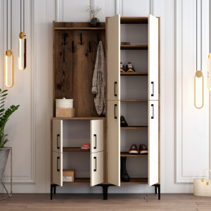 Cuier hol cu dulap Model BerlinBA, Nuc/Crem, 120x35x200 cm - Img 3