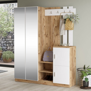 Cuier hol cu dulap Model Dunn, Alb/Stejar sonoma, 147.5x35x180 cm - Img 2