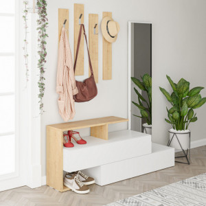 Cuier hol cu dulap Model Ramda, Alb/Stejar, 137x35x54.5 cm - Img 2
