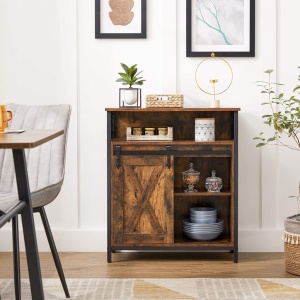Dulap multifuncțional VASAGLE, cu ușă glisantă tip hambar, Maro Rustic/Negru, 70 × 30 × 80 cm - Img 4