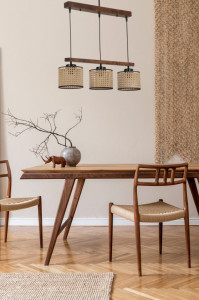 Lustra David 3 lu sirali ceviz rattan abajurlu sarkit Vintage - Img 1